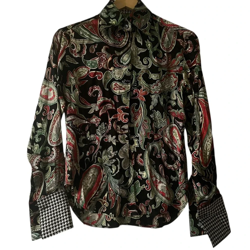 Kent Nielsen Black Paisley Print Retro Button Up Shirt Size 8 Houndstooth Cuffs - Picture 1 of 5